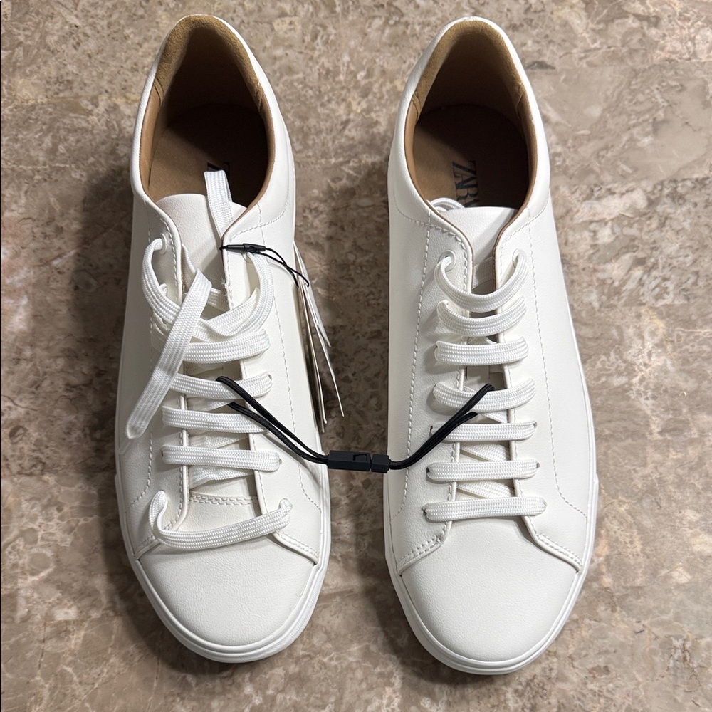 Zara Men White Low-Top Leather Sneakers